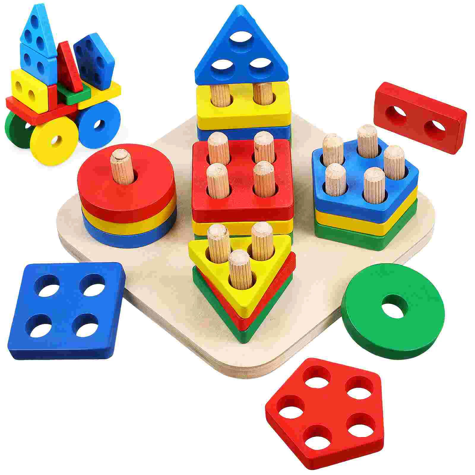 Blocks Geometric Wooden Sorting Stacking Toys Kids Puzzles for Toddlers Woodedn Playthings Educational