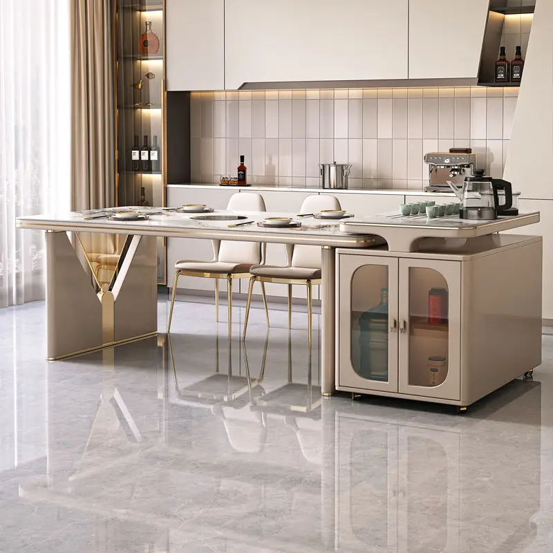 

High-end Household Small Apartment Retractable Villa Zhongdao Platform with Induction Slab Island Table and Chair Combination