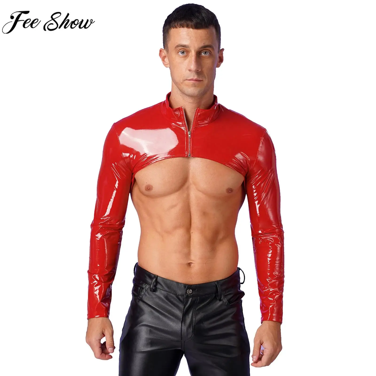 

Men Long Sleeve Stand Collar Zipper Patent Leather Oversleeve Crop Top Nightclub Pole Dancing Clubwear Muscle Showing Clothes