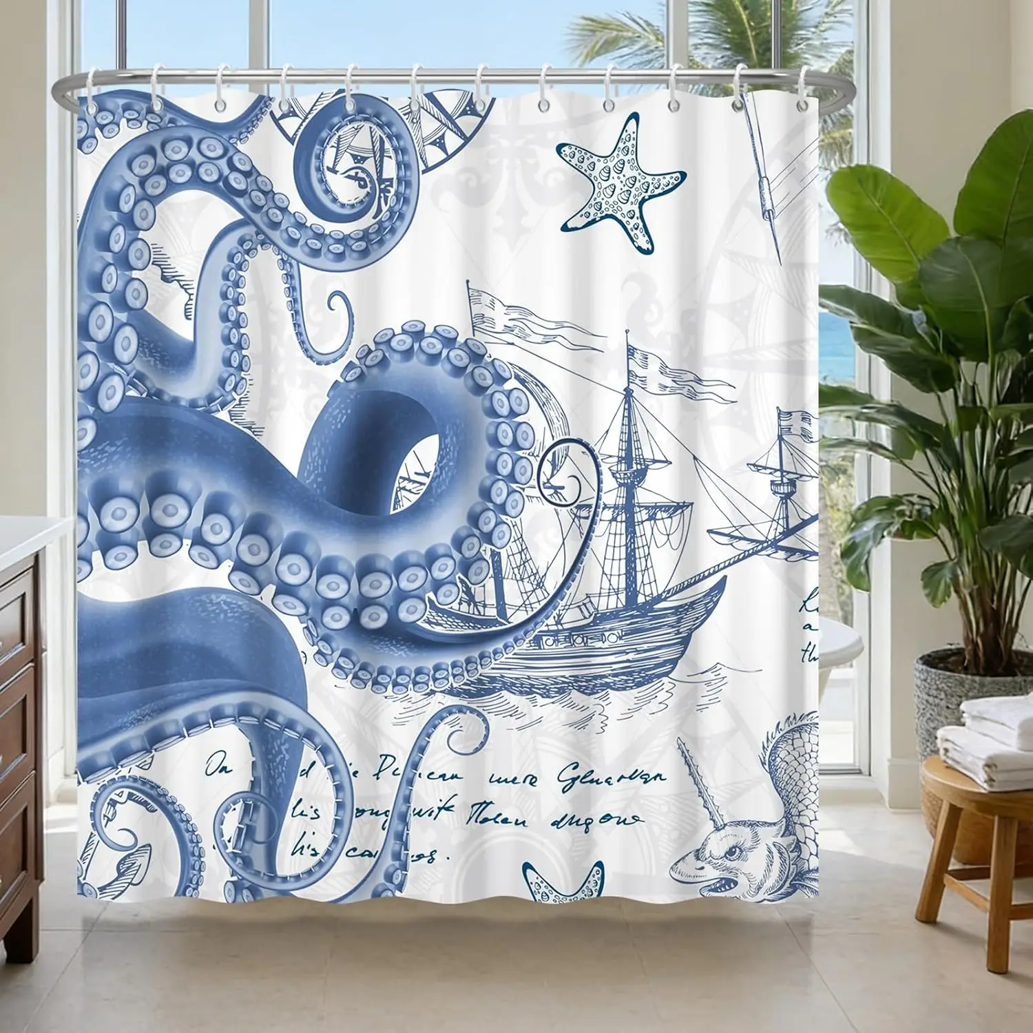

Nautical Octopus Shower Curtain, Vintage Blue Octopus & Sailboat Print, Waterproof Fabric for Bathroom, Coastal Ocean Home Decor