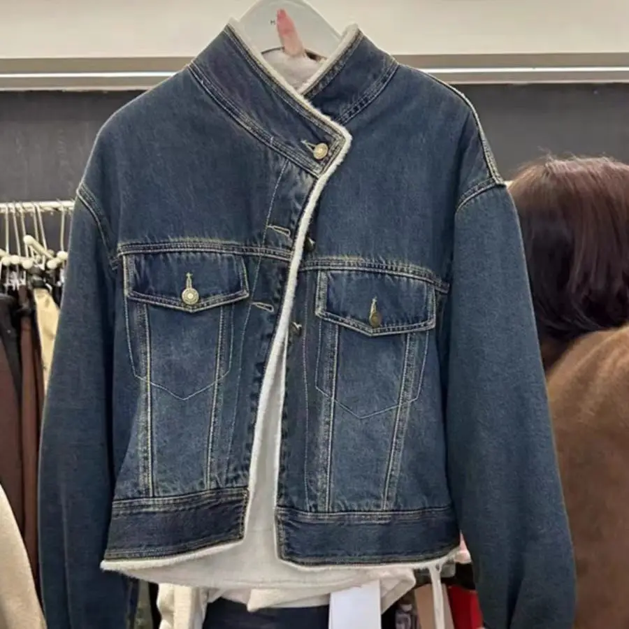 

Denim Coat For Women Dark Fur Plush Womens Autumn Cropped Snap Button Standneck Classical Outwears Daily Vacation Elegant Furry