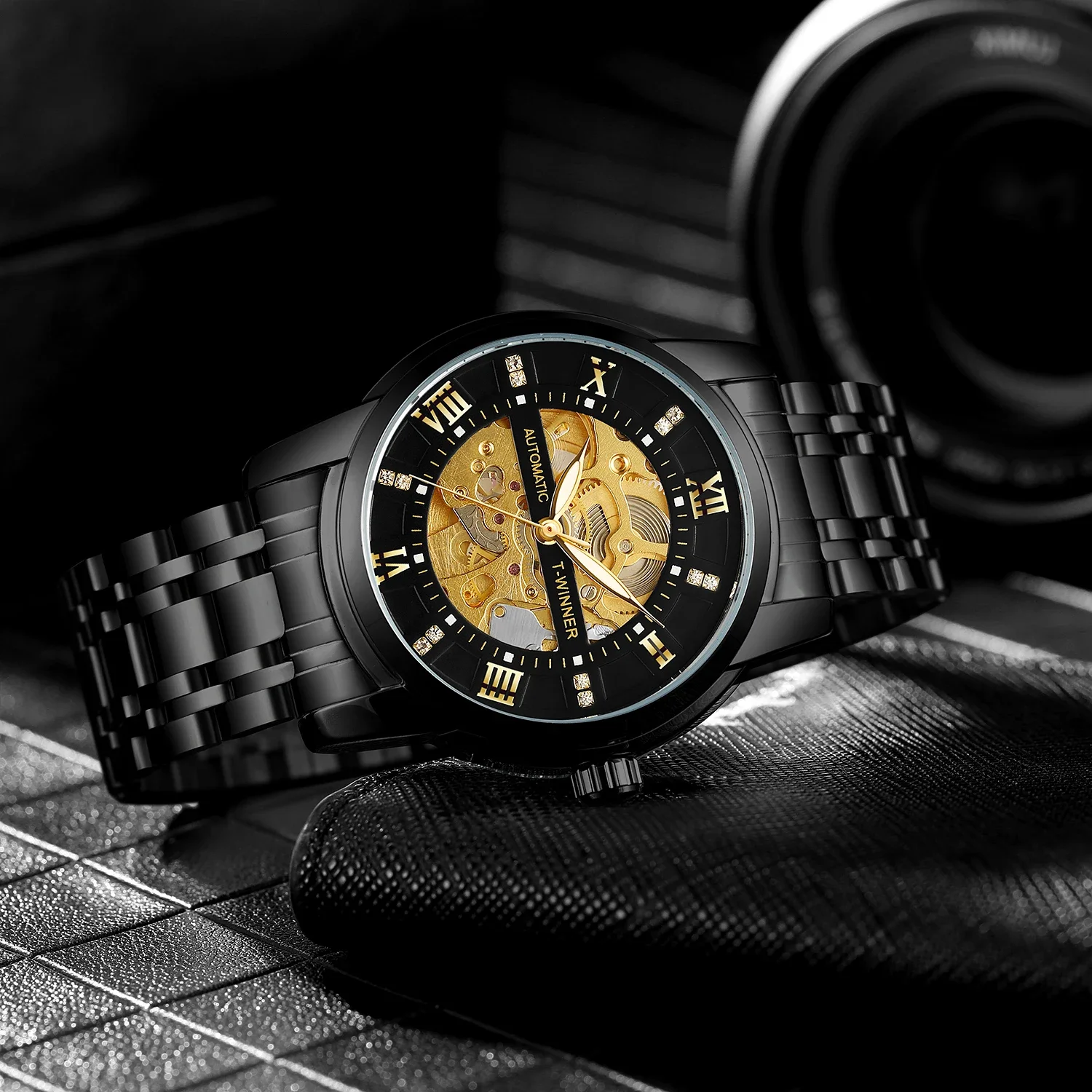 T-WINNER Trendy Sport Men Watches Skeleton Automatic Mechanical Rhinestone Luminous Pointers Stainless Steel Business Wristwatch