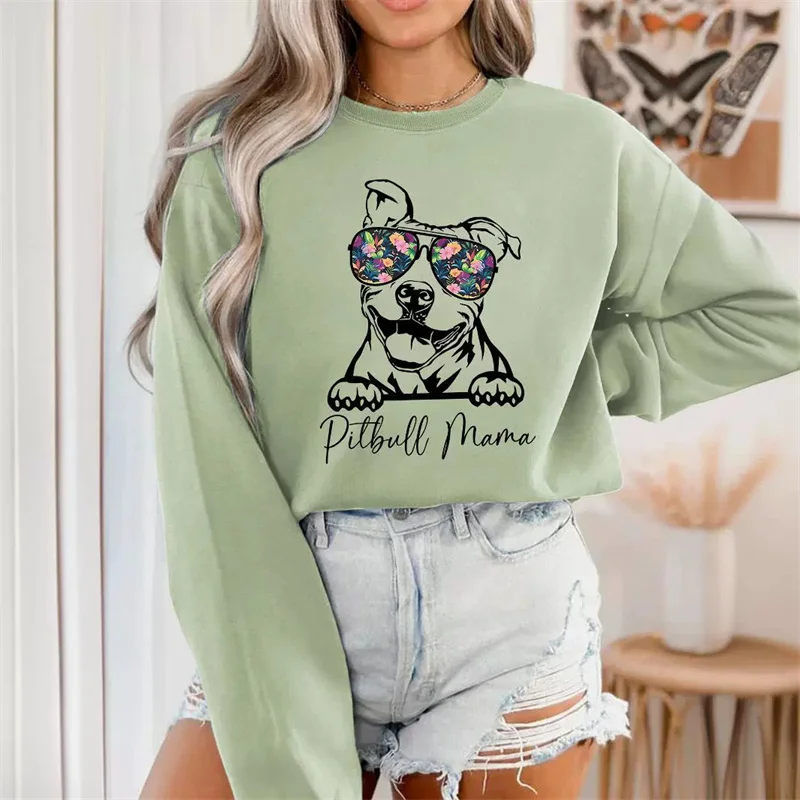 Neues Modisches Damen-Pullover Mit Langen Ärmeln, Baumwoll-Sweatshirt, Süßes Lpitbull-Mama-Haustier-Langarm-T-Shirt-Sweatshirt