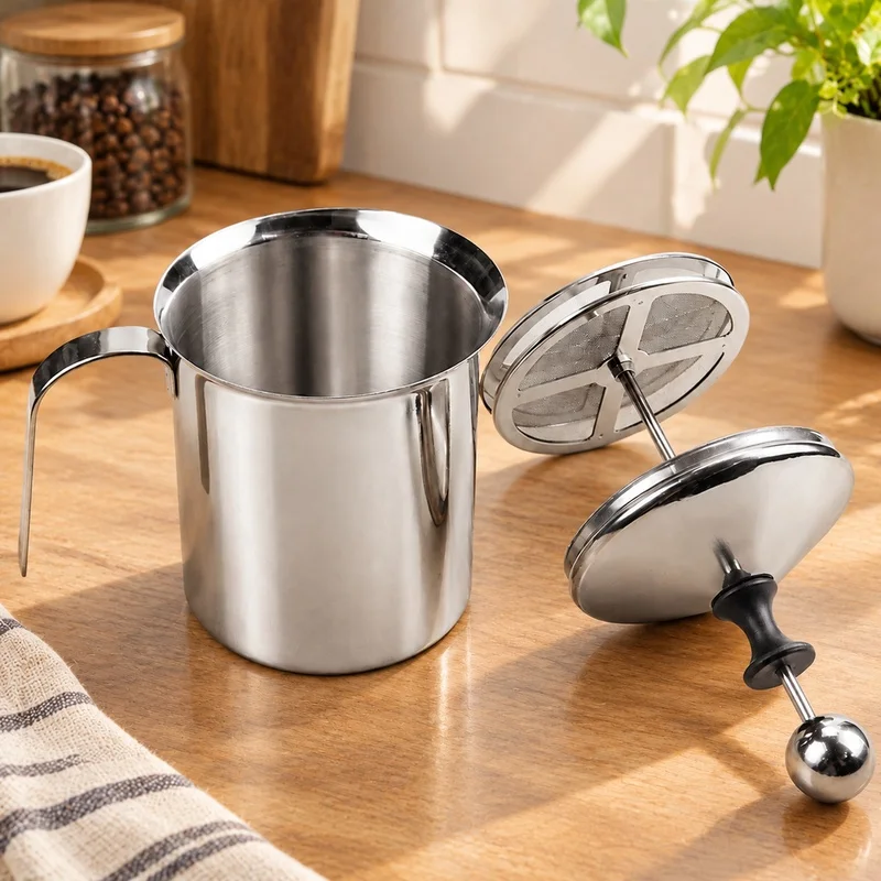 400ML Stainless Steel Frothing Pitcher with Double Mesh for Smooth Foam, Coffee Mixing, and Egg Whisking Tool