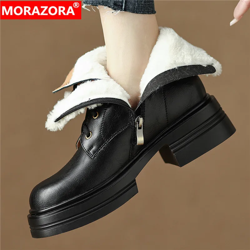 

MORAZORA 2024 New Genuine Leather Plush Snow Boots Women Square High Heels Platform Shoes Ladies Narrow Band Warm Winter Boots