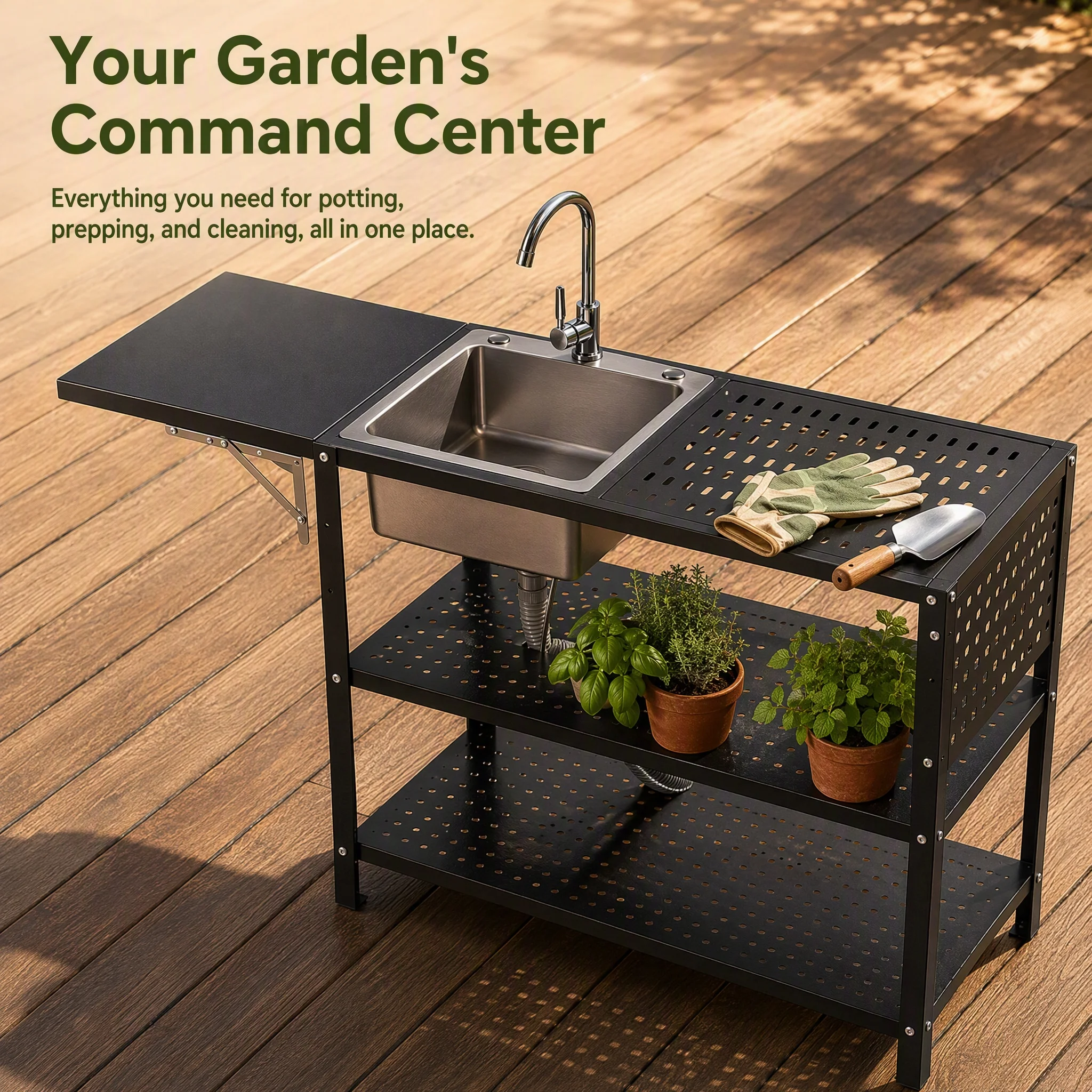 Outdoor Sink Station With Foldable Side Table 3-Tier Storage Camp Kitchen Prep Station Stainless Steel With 360° Faucet