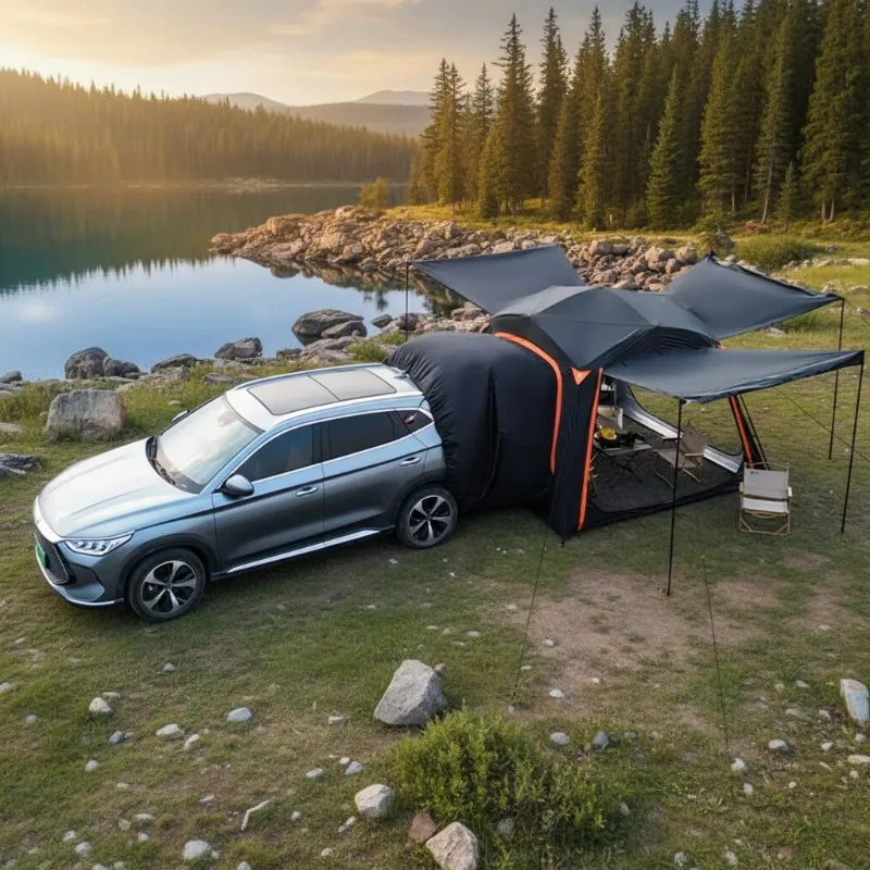Quick Setup Oxford Soft Top Four-season Rear Roof Tent for Cars Supports Multiple People Hydraulic Extension Waterproof Sunshade