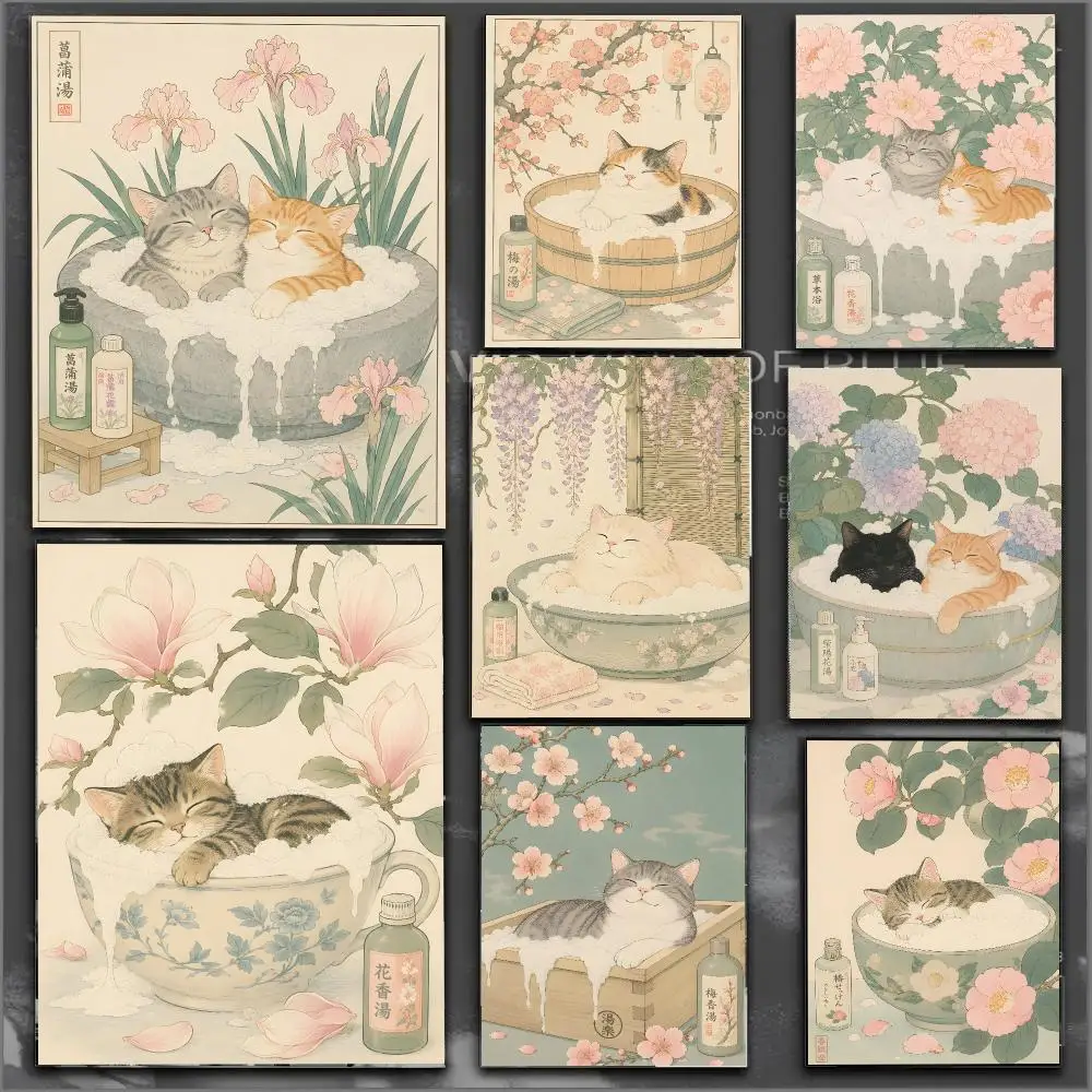 Japanese bath cat floral ukiyo-e collage Poster Modern Aesthetic Wall Art Print Minimalist Bedroom Living Room Home Decor Gift