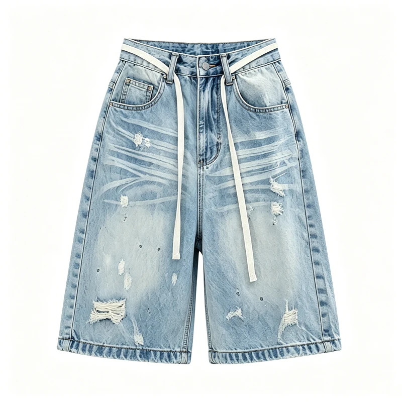 2026 Summer High Waist Loose Five Points Distressed Ripped Denim Shorts Women Bleach Stripe Drawstring Street Pants