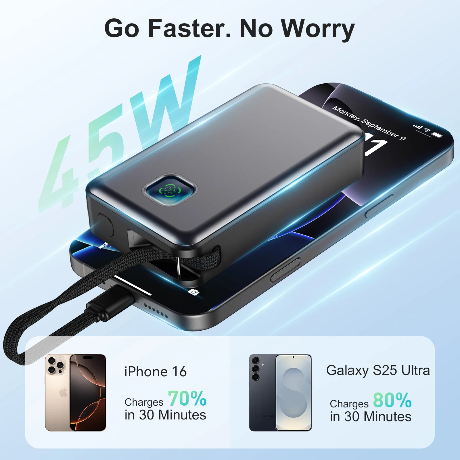 JINVAL 20000mAh PD45W Power Bank LED Display Fast Charging Portable Charger 3-port Output Built-in Cable For iPhone 17 Samsung