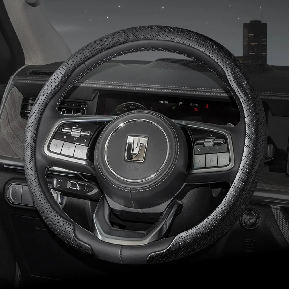 Suitable for Gwm Tank New Ultra-Thin Nappa Leather Car Steering Wheel Cover, Non-Slip, Sweat-Absorbent, Breathable, with Holes, for Models 300 500 400 700 Hi4-T, Available in White, Black, and Burgundy Interior Accessories