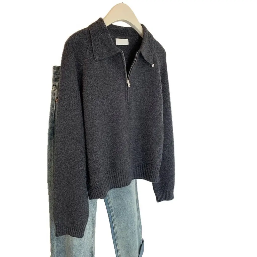 

Soft Retro Half Zipper Collar Solid Color Sweater Women Autumn Winter Loose Lazy Style Casual Knittedwear Overhead