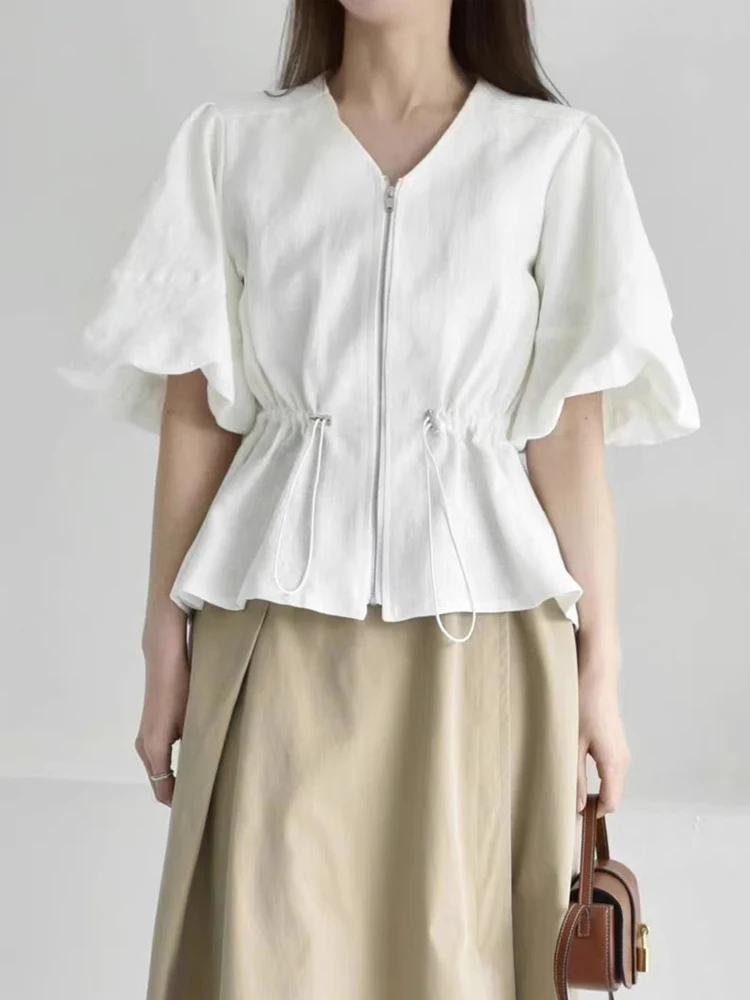 سترة قصيرة ضيقة للنساء صيفية بياقة على شكل V وأكمام منتفخة وتصميم يضيق الخصر مع سحاب، ملابس خارجية عصرية بأسلوب عملي أنيق