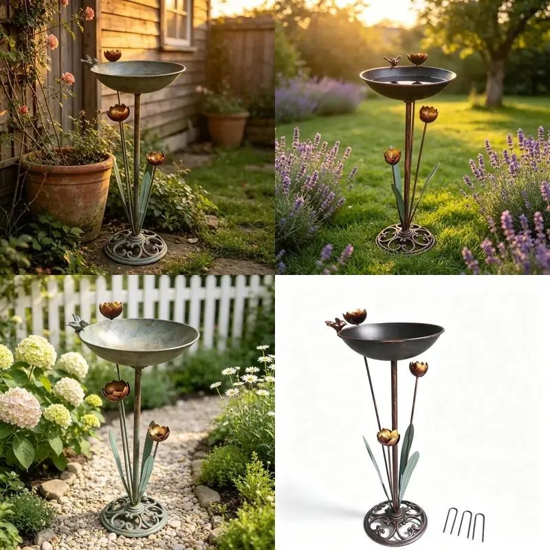 Creative Metal Bird Bath Wrought Iron Floor to Ceiling Plant Rack Outdoor Bird Feeder Retro Garden Home Decoration