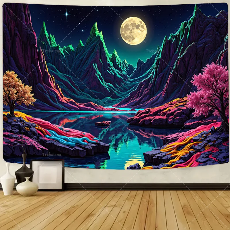 

1pc Wall Tapestry Vibrant Neon Mountain Landscape Tapestry with Full Moon and Reflections