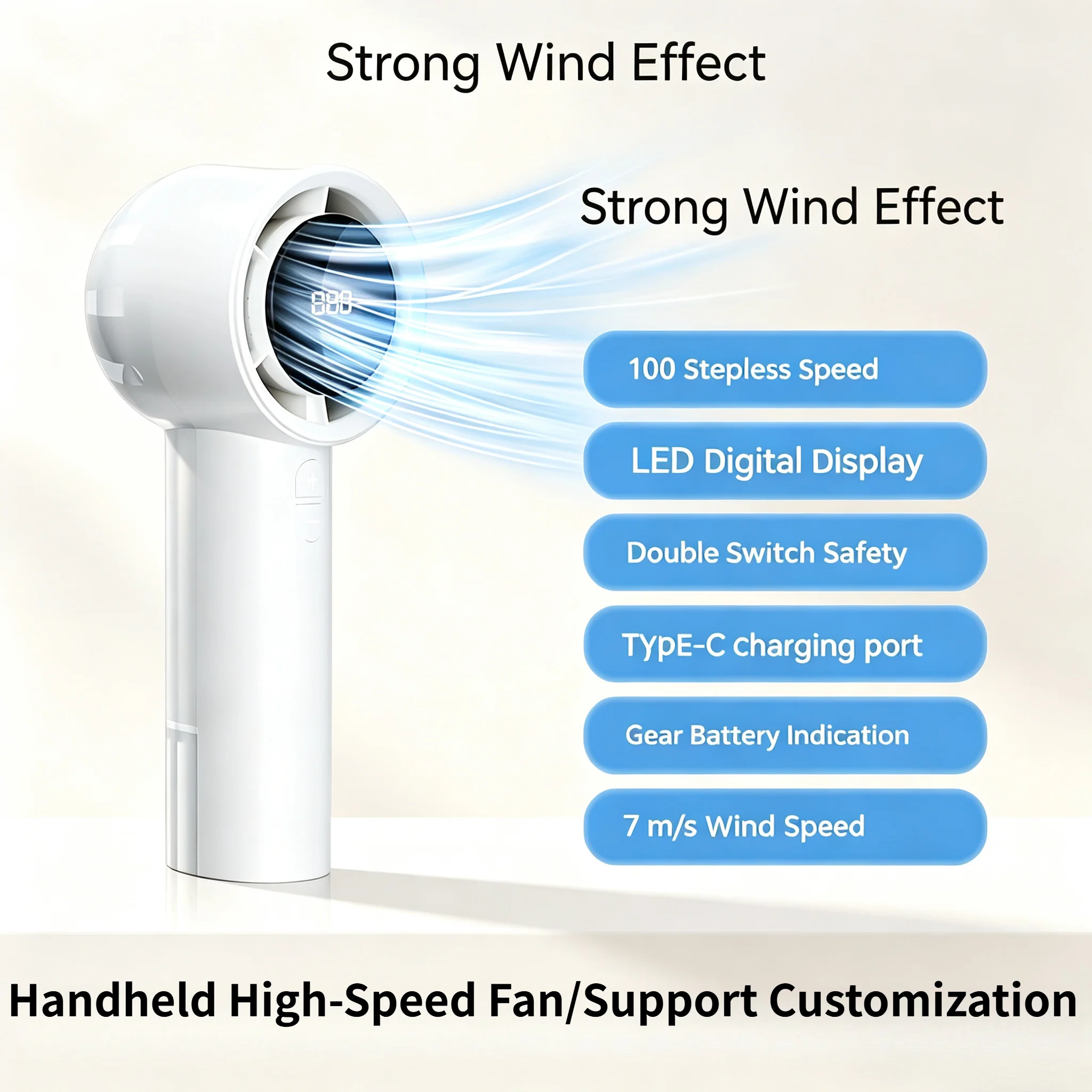 Rechargeable Turbo Portable Handheld Fan with LED Display 3000mAh Battery 7m/s Wind for Travel Office Outdoor Use
