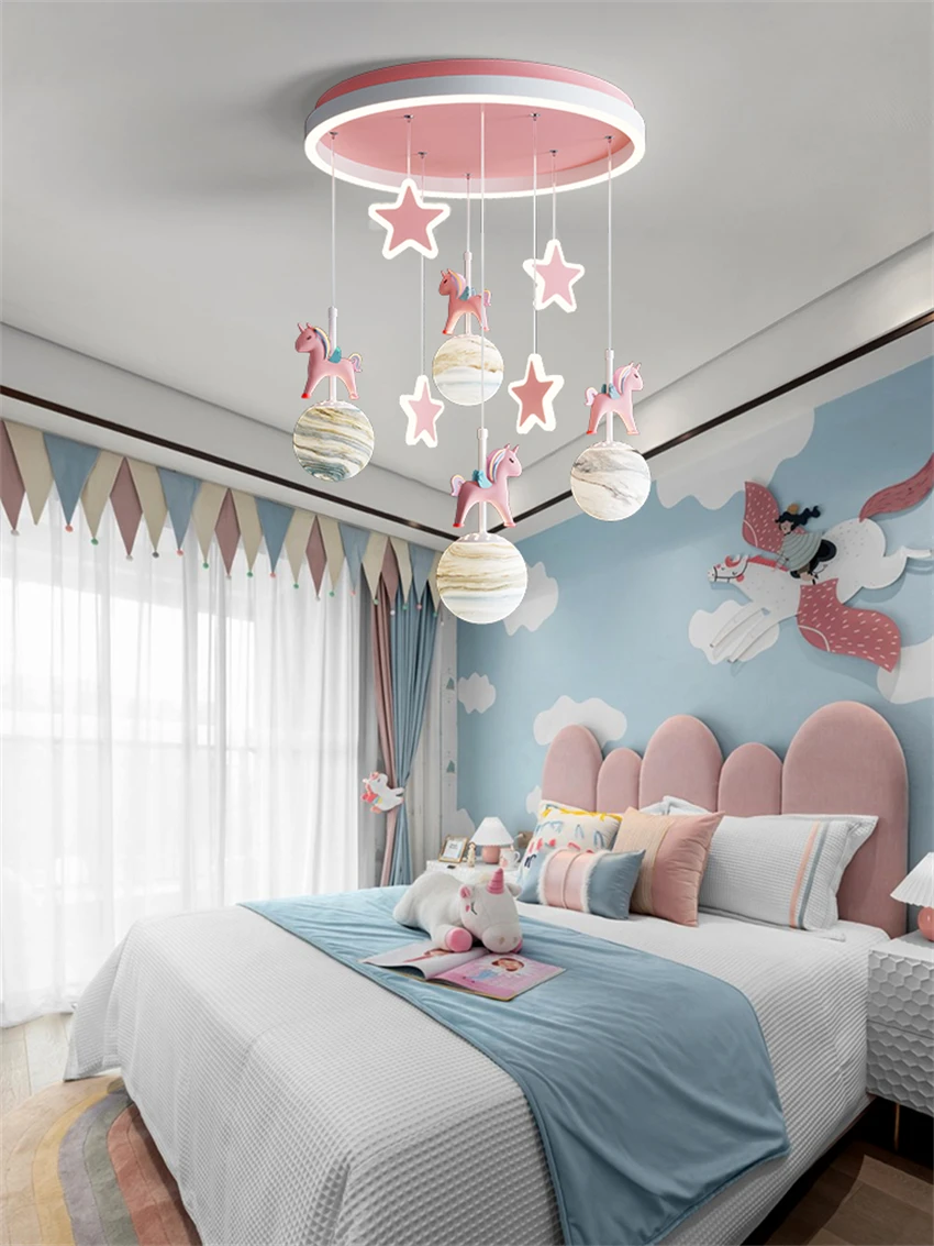 Nordic children's room pendant lights cartoon carousel planet bedroom living room study LED decorative hanging lamps lighting