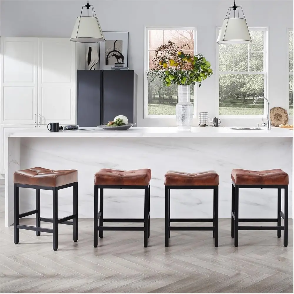 

Набор из 4 табуретов, квадратные табуреты из искусственной кожи, барные стулья высотой 24 дюйма, металлические ножки, легко собираются, коричневый цвет