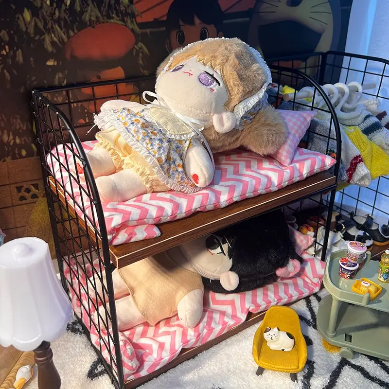 Dubbellaags katoenen poppenhuismeubilair opbergbed kleerhanger kledingkast voor LaBabu poppenbedden bovenste en onderste stapelbed