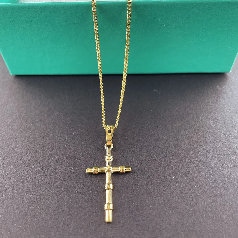 24K Gold Color Necklace Religious Faith Cross Pendant Necklace for Women & Men Jewelry Gifts