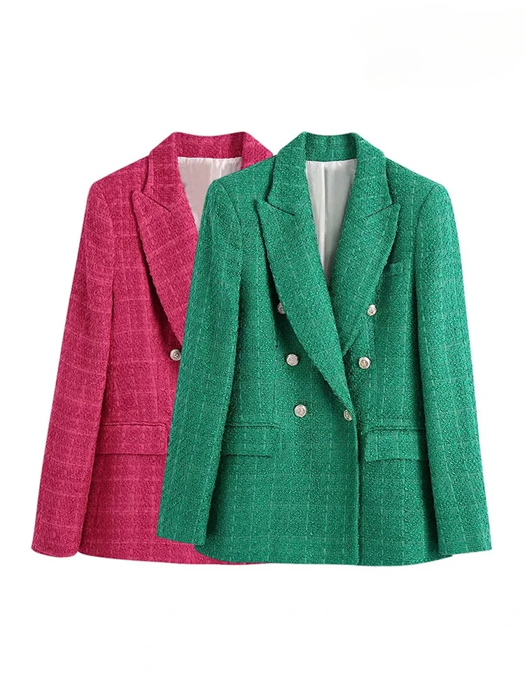 

2024 New Women Fashion Double Breasted Tweed Green Blazer Coat Vintage Long Sleeve Flap Pockets Female Outerwear Chic Veste