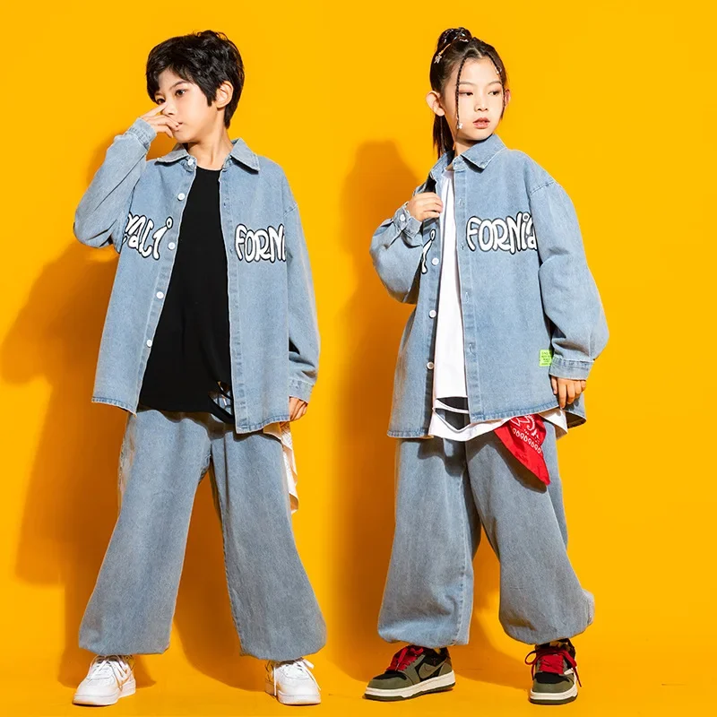 Kid Hip Hop Clothing Long Sleeve Denim Blue Shirt Casual Streetwear Jeans Baggy Pants for Girls Boys Jazz Dance Costume Clothes