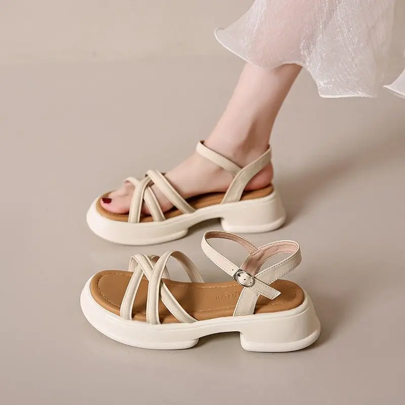 Footwear Outdoor Sandals for Woman Beige Summer 2024 Beach Women\'s Shoes Platform with Medium Heels Comfortable and Elegant Shoe