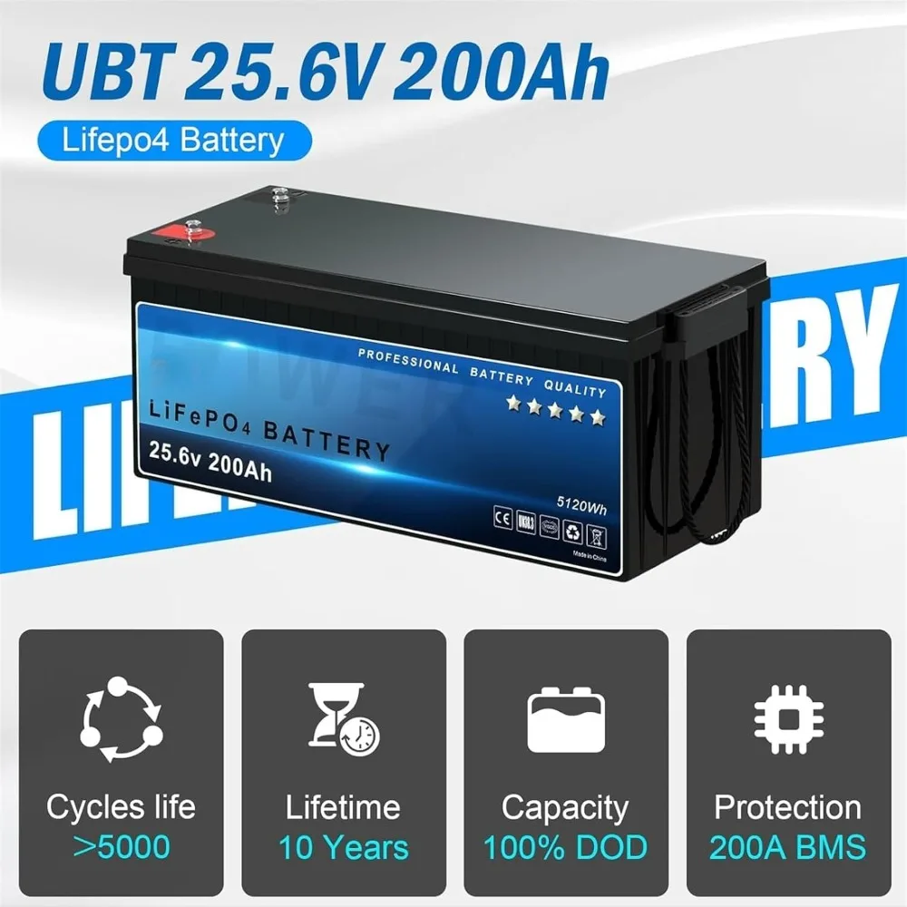 24V 200Ah Lithium Battery, 5120Wh LiFePO4 Battery, Built-in 200A BMS, 5000 Cycles & 10 Years Lifetime, for Home Energy Storage