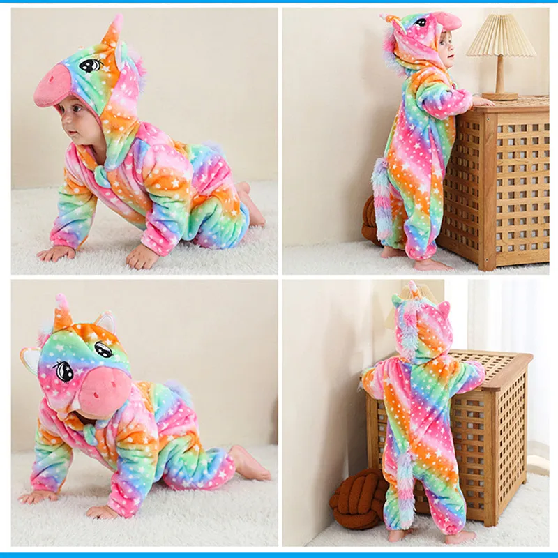 Toddler Dinosaur Bodysuit Anime Unicorn Colorful Dinosaur Cospaly Crawling Suit Baby Flannel Animal Costume Warm Sleepwear