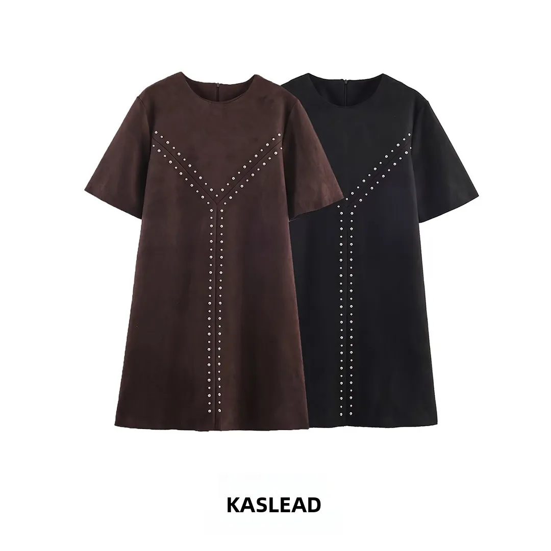 KASLEAD Faionable Réversible Faux Cuir Effet Rivet Dr T-shirt Femme Dr Or Sve rond Ne Ci Trajet