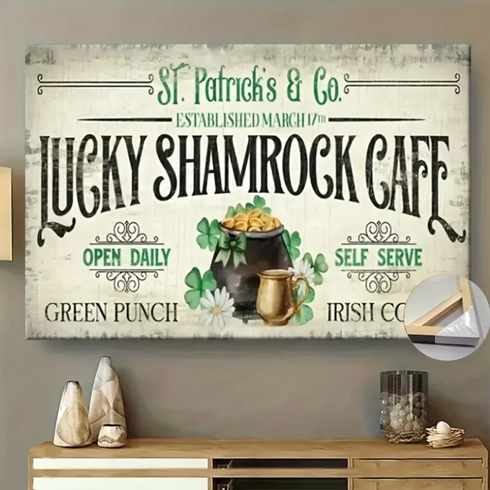 

1 1.5-inch thick wood pine frame,solid wood frame, canvas painting,St.Patrick's Day four-leaf clover poster, interior decoration