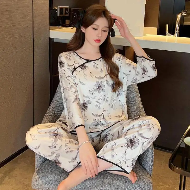 

Print Women 2PCS Pajamas Set Spring Summer Sleepwear Lingerie Long Sleeve Pijamas Suit Silky Satin Nightsuits Home Clothes