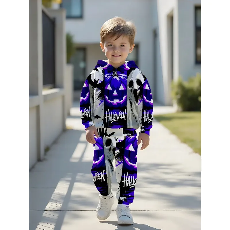 Kids Hoodie Jogger: Halloween Ghost Pumpkin Text Print, Dancing Skeleton All Over, Slime Skull Ice Cream Drip Graphic Tracksuit