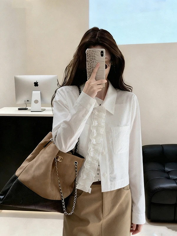 

Korean Style White Shirt Short Length Long Sleeve Turn-down Collar Women's Slimming Top Wood Grain Design Spring Summer