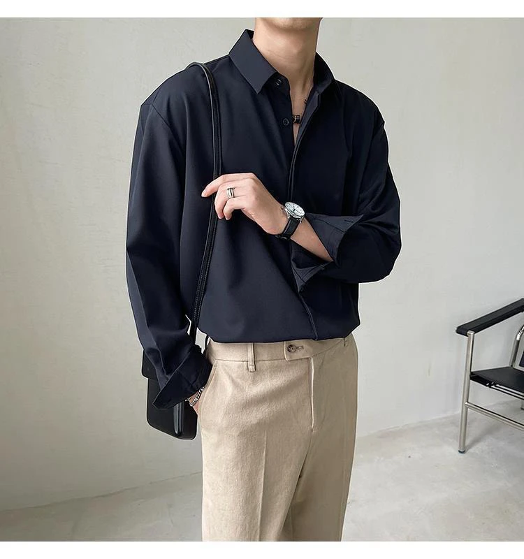 Men's Long Sleeve Shirt Spring Autumn Korean Style Loose No Ironing High Grade Draping Casual Matures Pure Color Trendy