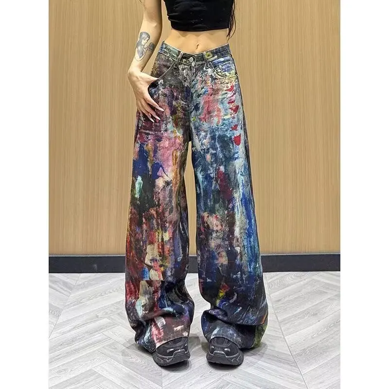 

American High Street 3D Oil Painting Color Printed Jeans Pants Korean Fashion Hip-hop Denim Wide Leg Pants Y2k Streetwear Women