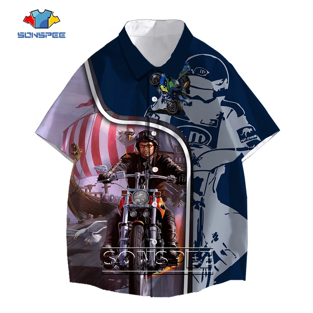 SONSPEE Summer Motorcycle Rider 3D Printing Shirt Men Women's Sailboat Ship Patchwork Fashion Tops Punk Short Sleeve Blouse