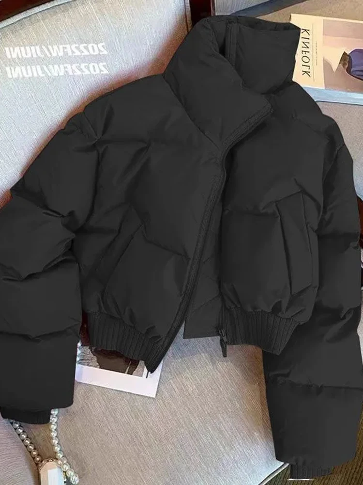 

Zoki Y2K Vintage Black Puffy Coat Women Long Sleeve Streetwear Winter Harajuku Short Parkas Casual Stand Collar American Jacket