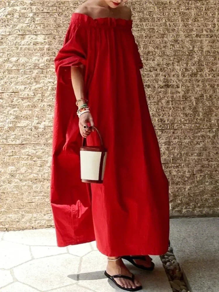 UOOZEE 2024 New Women British Style Party Evening Maxi Dresses Spring Puff Sleeve Off-The-Shoulder Elegant Banquet Red Dress