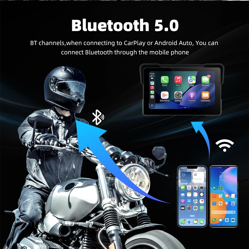7 Inch Wireless CarPlay Android Auto Motorcycle GPS Navigator Display Bluetooth5.0 WiFi Motorcycle Navigation Screen Player