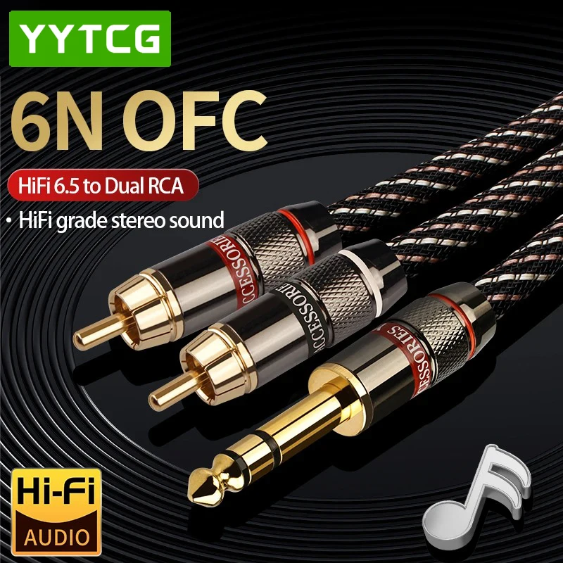 Yytcg profissional 6.35 para 2rca cabo adaptador excelente som fácil conexão 1/4 Polegada macho trs plugue estéreo para rca macho cabo