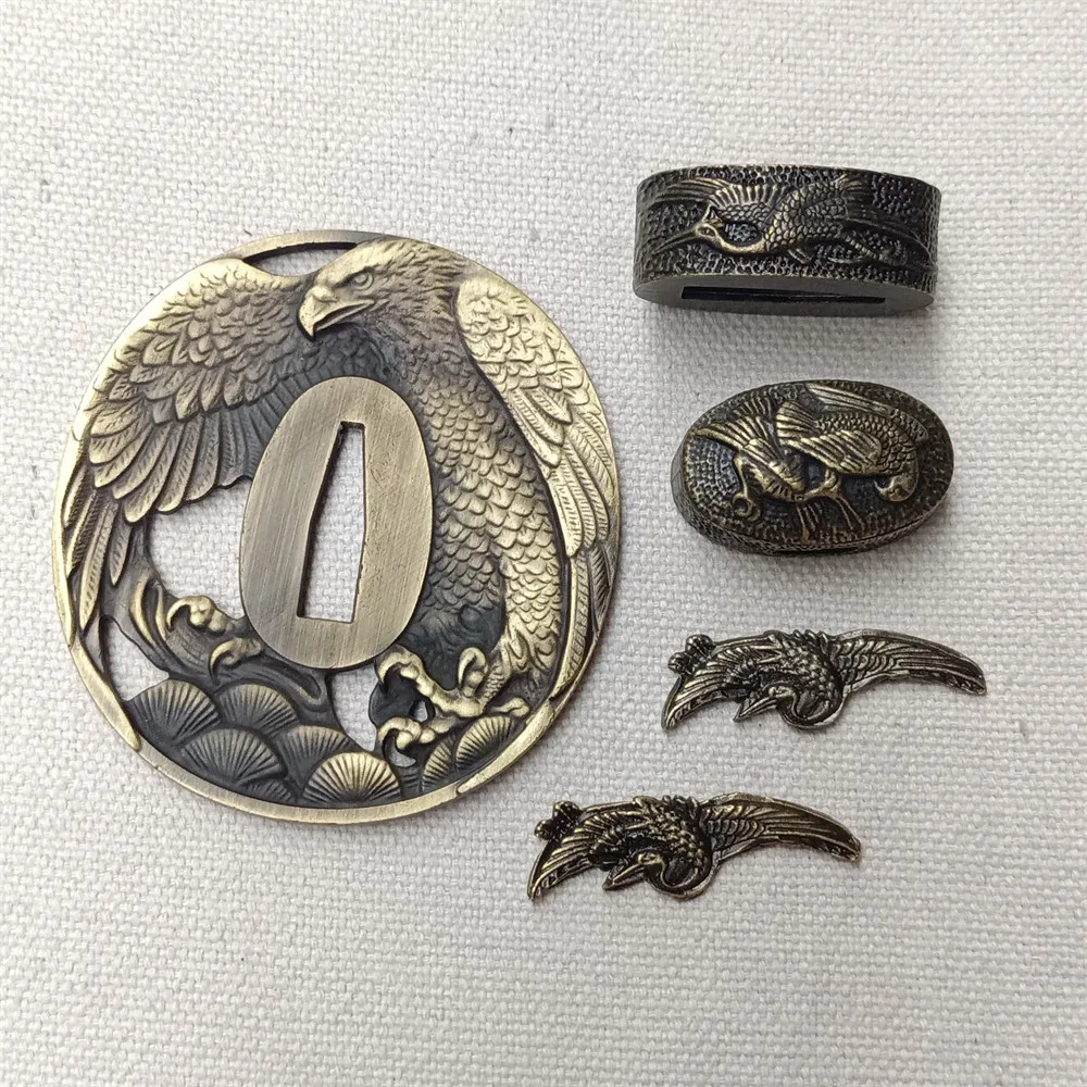 Japanese Samurai Katana/Wakizashi Sword Grey Handle Accessory Set Tsuba+Menuki+Fuchi+Kashira+Habaki+Seppa Fittings