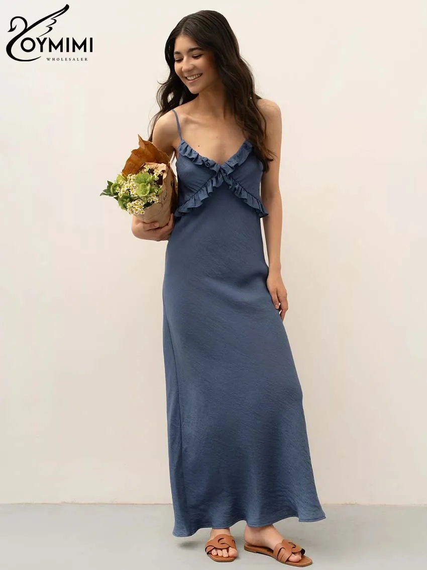 Oymimi Fashion Grey Blue Women\'s Dress Elegant Spaghetti Strap Ruffled Slim Dresses Summer Straight Ankle-Length Dresses Female