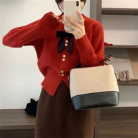 soft Sweet Sweater， sweater women ，2024 autumn new style bowknot round collar waist knitted blouse for women， sweater