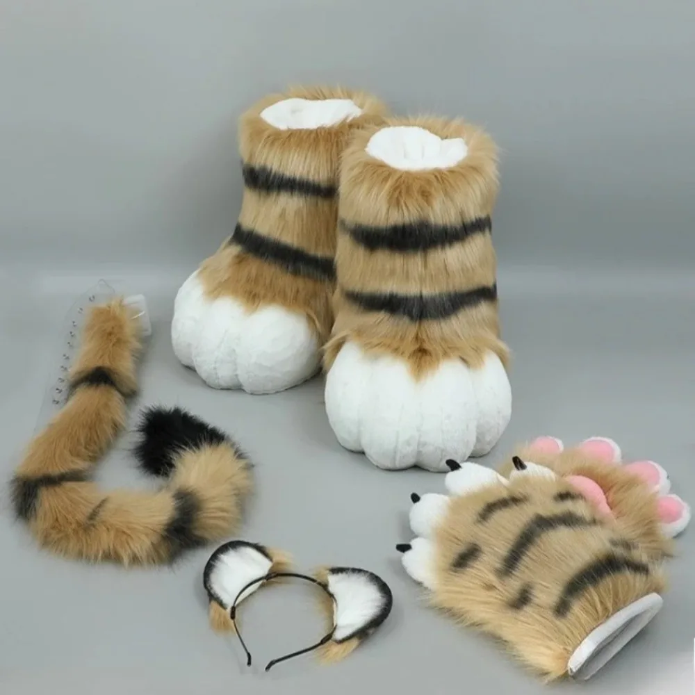 Tiger Cosplay Set Tiger Furry Suit Parts Thick Faux Fur Paw Boots Hand Paws Tail Ear Headband For Animal Costume Accessories