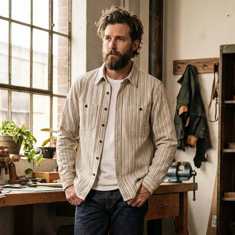 Men's Retro Nostalgic Corduroy Long Sleeve Shirts Spring Heavyweight Striped Workwear Casual Button Down Shirt with Chest Pocket