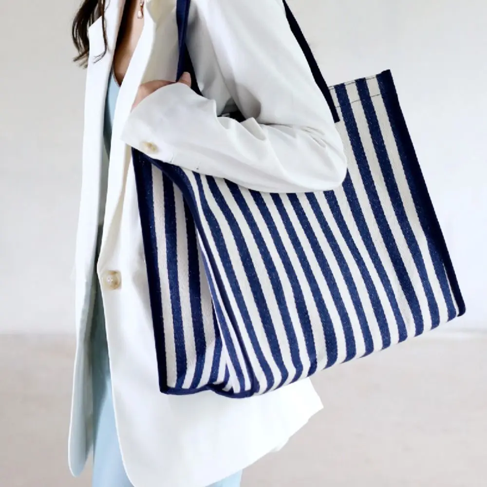 Canvas Tote Bag New Stripe Large Capacity Hand Pouch Shoulder Bag Women