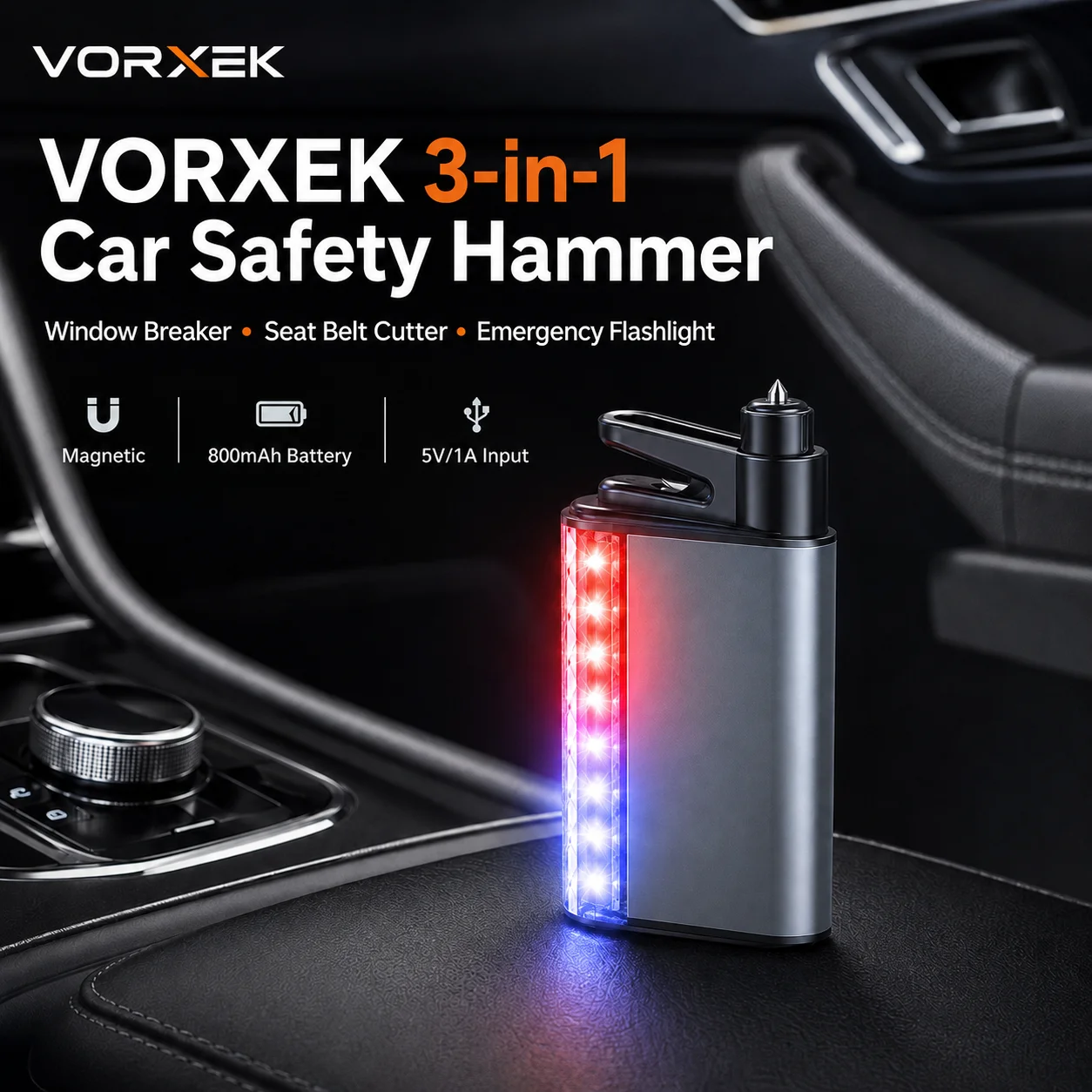 VORXEK 3-in-1 Car Emergency Escape Tool with Seat Belt Cutter Window Breaker and LED Flashlight