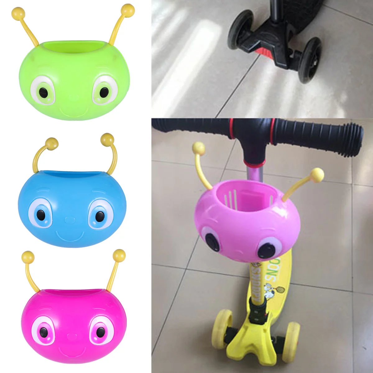 Cesta de scooter para niños, soporte de plástico con diseño de gusano para manillar delantero de patinete (azul), cesta de scooter para niños