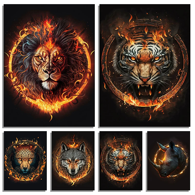 Wild Animals Poster Wall Art HD Picture Fire Tiger Lion Wolf Head Canvas Painting And Print for Modern Living Room Home Decor